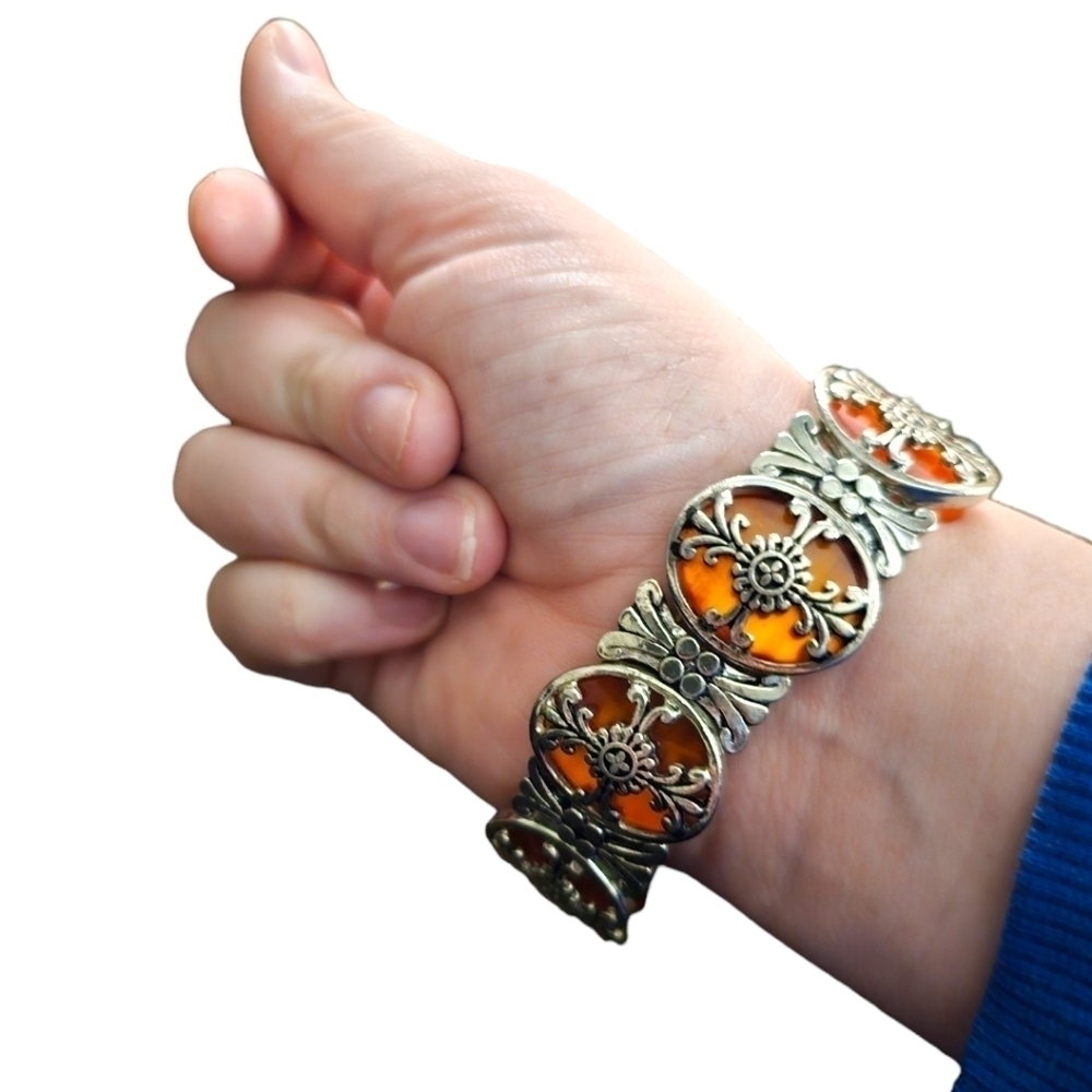 Vintage Amber Floret Filigree Art Nouveau Link Stretch Bracelet